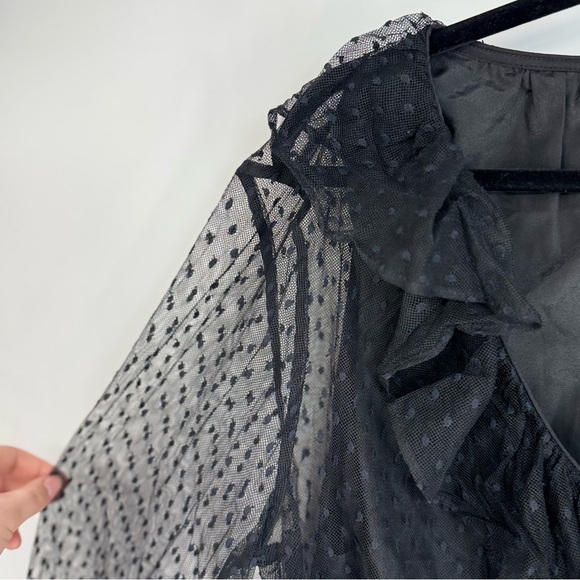 J. Crew Black Swiss Dot Witchy Dark Academia Collared Flare Sleeve Top - Picture 2 of 5